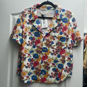 Sincerely Jules Floral Button Down Short Sleeve Cotton Top, Size M NWT